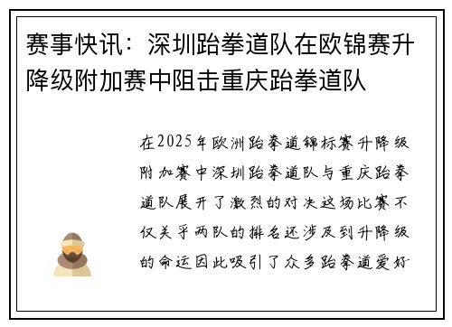 赛事快讯：深圳跆拳道队在欧锦赛升降级附加赛中阻击重庆跆拳道队